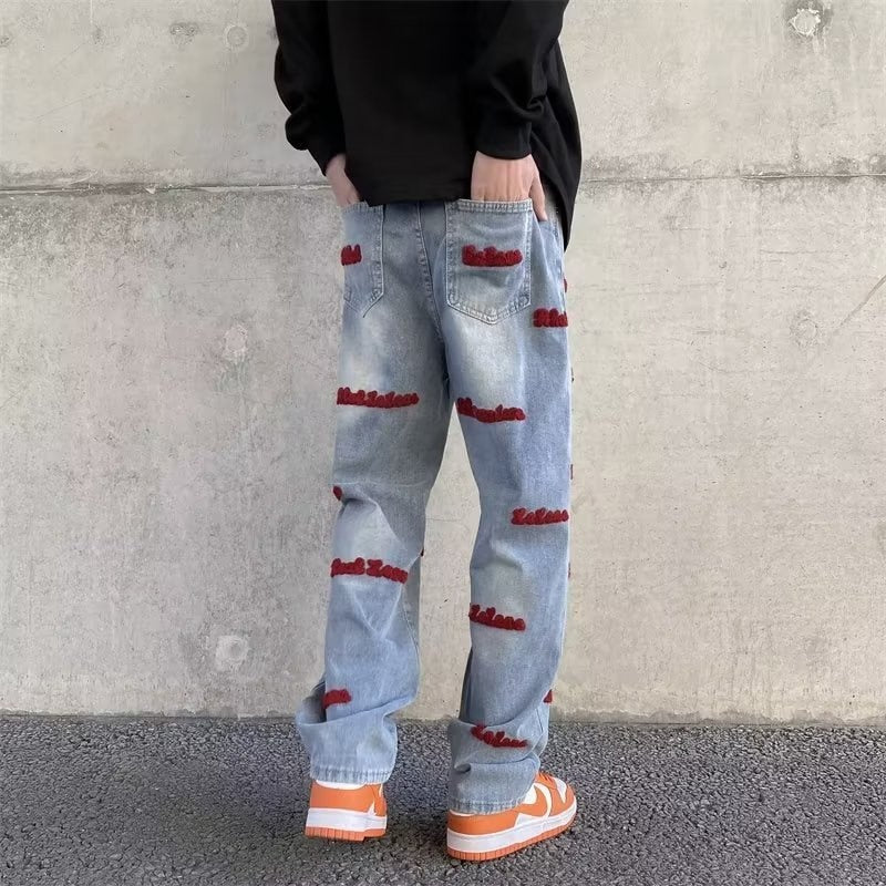 sanyamk Fashion Letter Embroidery Men's Denim Pant Spring Summer Y2K Clothing Men Stitching Loose Straight Jeans Vintage Streetwear