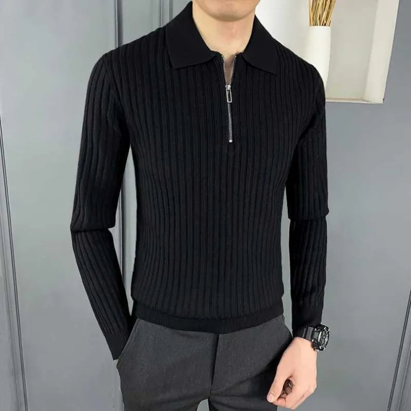 sanyamk Men's Autumn Winter Fashion Casual Solid Color Pullover POLO Neck Half Zip Versatile Long Sleeve Slim Fit Sweater Knitted Tops