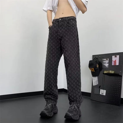 sanyamk Jacquard Pattern JEANS MEN 2024 NEW  Denim Pants Male Straight Fitting Baggy Bottoms Distressed Wide Jeans For Men