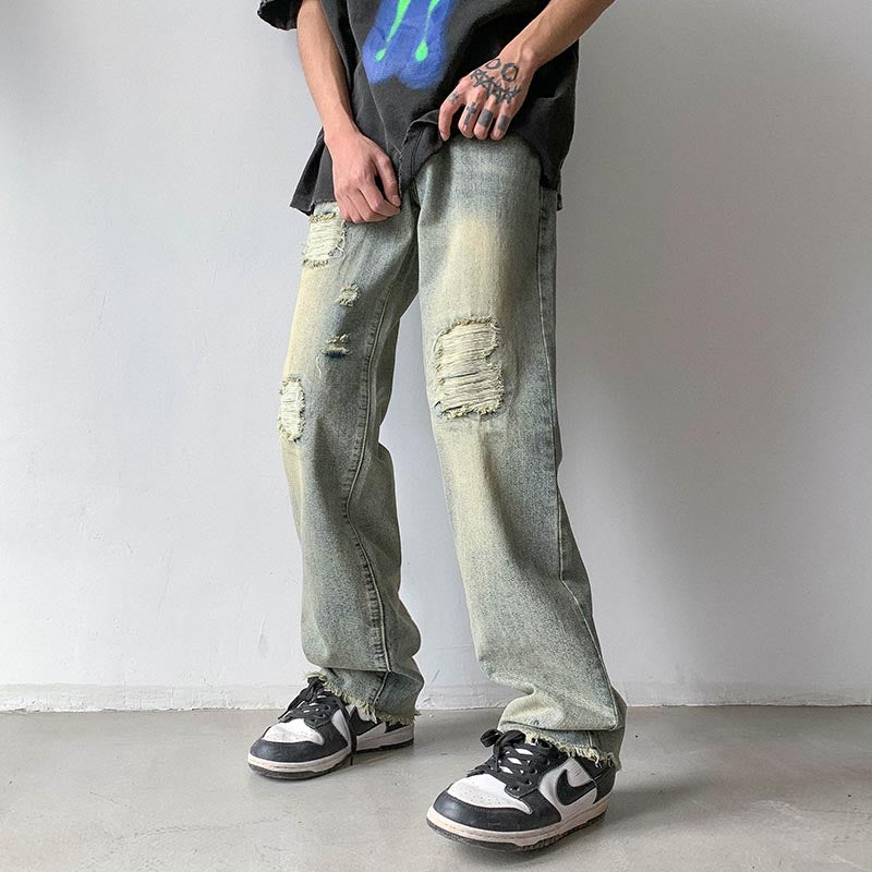 Bonsir Blue green Ripped Vintage Man's Distressed Jeans Streetwear Hole Hip Hop Jean Pants Summer Fashion Straight Denim Trousers