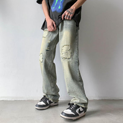 Bonsir Blue green Ripped Vintage Man's Distressed Jeans Streetwear Hole Hip Hop Jean Pants Summer Fashion Straight Denim Trousers