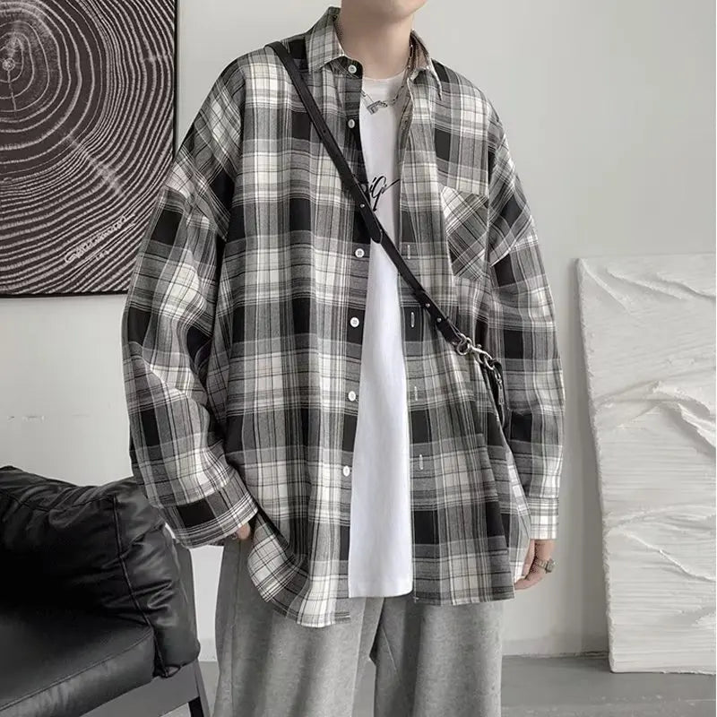 sanyamk Plaid Shirts Men Autumn Stylish Simple High Street American Style Teenagers Vitality Daily Retro Baggy Couple Prevalent Tops