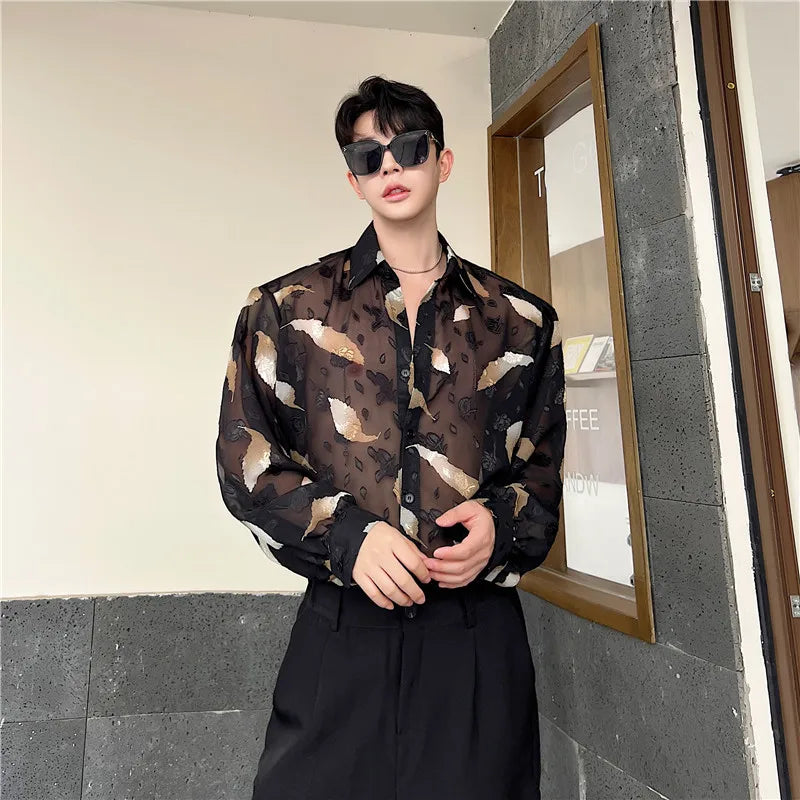 Bonsir Men Sexy Feather Hollowed Out Shirt Men's Lapel Long Sleeved Transparent Clothing Streetwear Casual Loose Trendy Design Tops