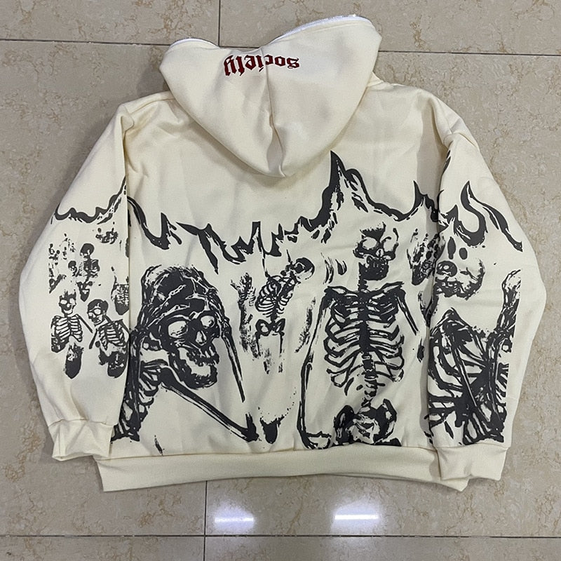 sanyamk Mens Black Streetwear Skull Hoodies Y2K Vintage Cardigan Skeleton Hoodie Men Oversized Zip Up Hooded Sweatshirt Tokyo Revengers