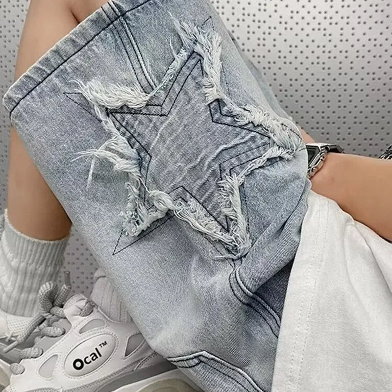 sanyamk Star Patchwork Yellow Clay Color Jeans Summer Men Denim Shorts Trendy Streetwear Five-point Pants Straight Jeans Shorts