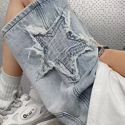 sanyamk Star Patchwork Yellow Clay Color Jeans Summer Men Denim Shorts Trendy Streetwear Five-point Pants Straight Jeans Shorts