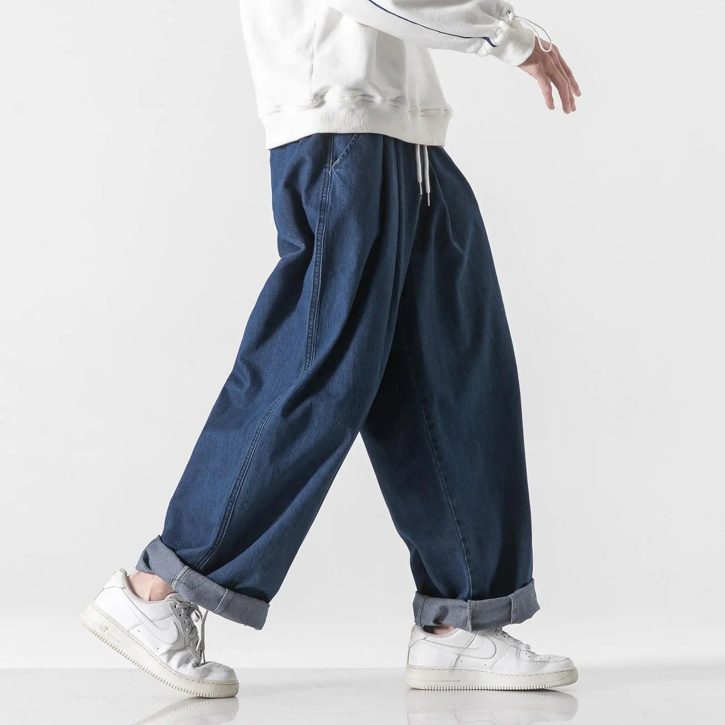 sanyamk New Casual Loose Harem Jeans Men's Japanese Fashion Baggy Straight Wide Leg Pants Couple Streetwear Pants Black/Navy blue