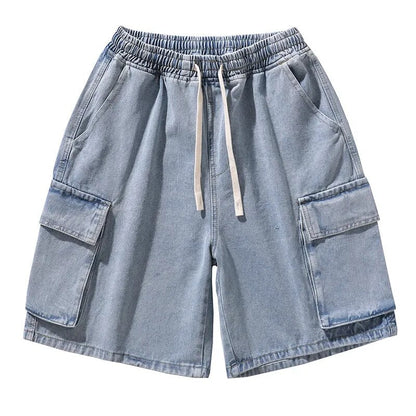 sanyamk Korean Summer Men's Wide Leg Denim Shorts New Fashion Loose Casual Elastic Waist Large Pocket Work Shorts Men's Brand Clothing