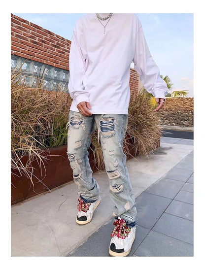 sanyamk High Street Hole Ripped Vintage Men Hip Hop Baggy Jeans Trousers Punk Distressed Retro Washed Straight Denim Pants Pantalon