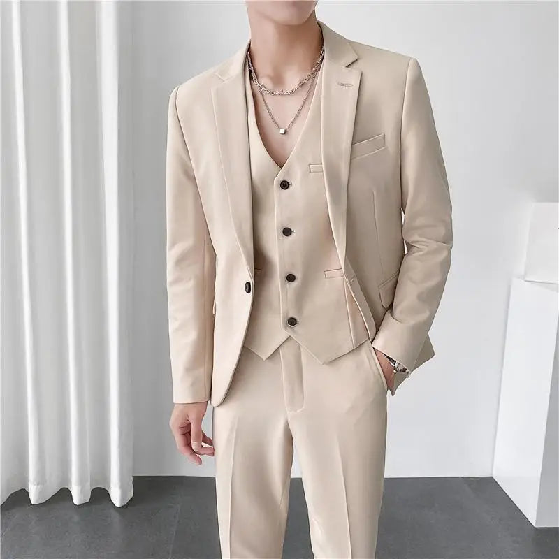 sanyamk Men Suit 3 Pieces Solid Color Slim Fitting For Business Leisure Commercial Wedding And Banquet Dresses Jacket Vest With Pants