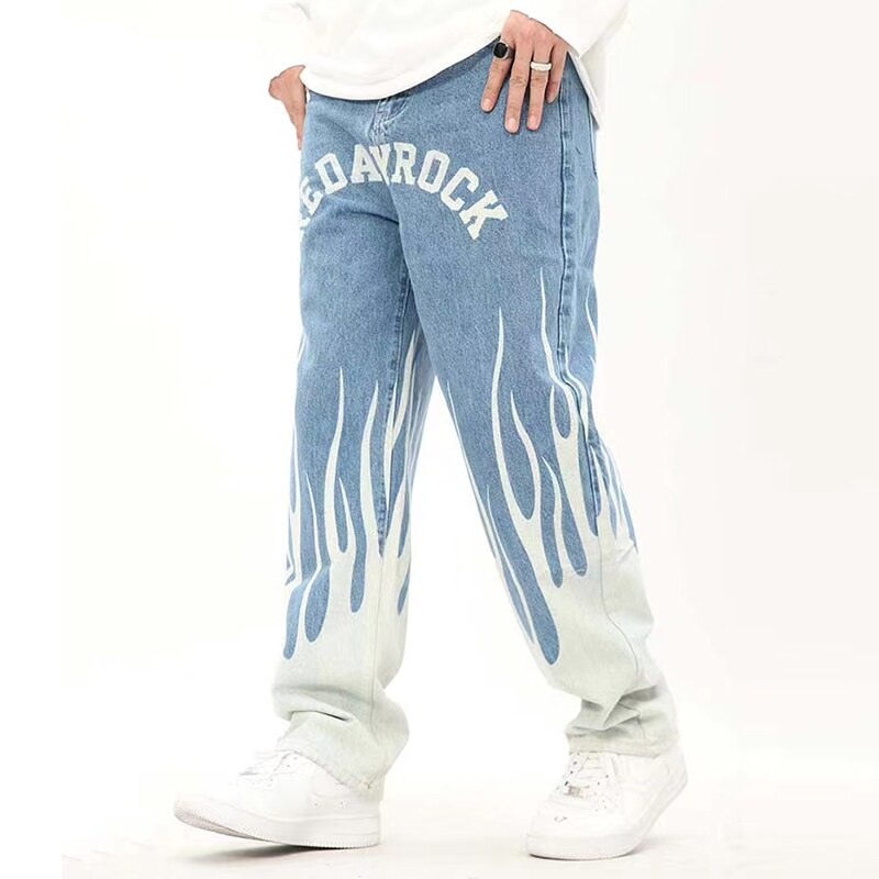 sanyamk Hip Hop Flame and Letter Print Patchwork Baggy Men's Denim Pants Harajuku Retro Straight Pocket Streetwear Casual Jeans Trousers