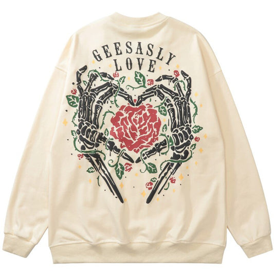 sanyamk Skeleton Hands Finger Heart Rose Round Neck Sweater Man Autumn New High Street Hip Hop Loose Heart Sweatershirt