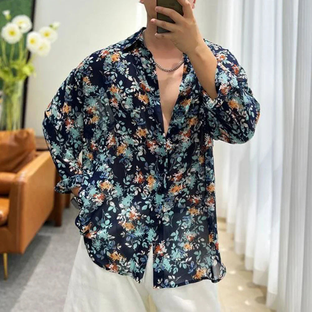 Bonsir Fashion Floral Shirt Summer New Thin See Through Shirts Outerwear Luxury Mens Clothing LGBT Casual Blouse Trendy Streetwear