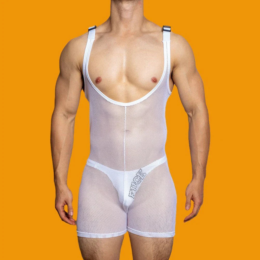 sanyamk Mens sexy tight-fitting solid color mesh see-through jumpsuit shaping breathable sexy suspenders home underwear for men