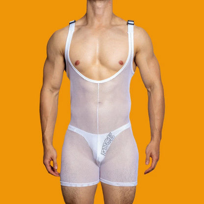 sanyamk Mens sexy tight-fitting solid color mesh see-through jumpsuit shaping breathable sexy suspenders home underwear for men