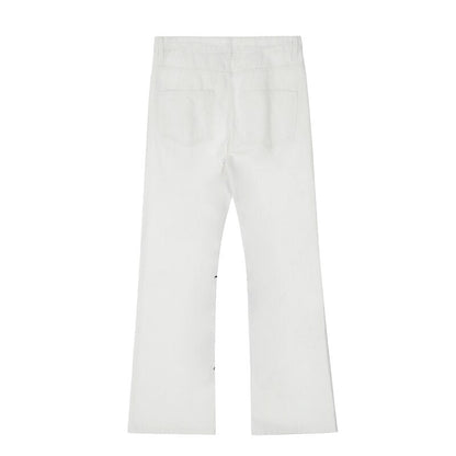 sanyamk High Street Sanskrit Embroidered Flared Jeans Men and Women Vibe Style Loose Straight Casual Denim Trousers Retro Baggy Pants