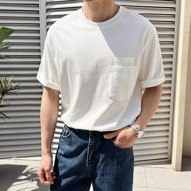 sanyamk  - Stylish Simple Solid Color Mens Cotton T Shirt 2024 Summer Casual Short Sleeve O Neck Men T-shirts Fashion Pockets Tops For Male