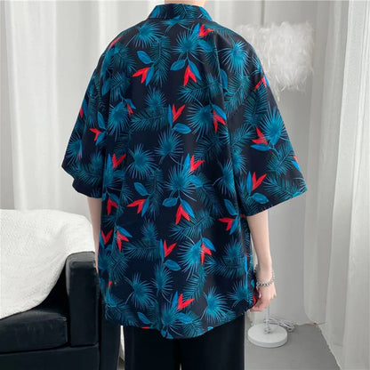 Bonsir Panelled Shirts Men Baggy Summer Printing Korean Style Hipster Half Sleeve All-match Daily Leisure High Street Slouchy Vitality