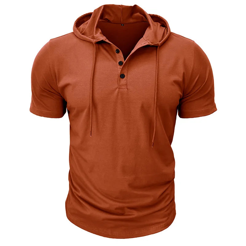 sanyamk  -  2024 Spring Summer Men Short Sleeve Hooded T-Shirt New Men Henry Collar Solid Color Casual Tops Tees Male Sportswear Tshirts