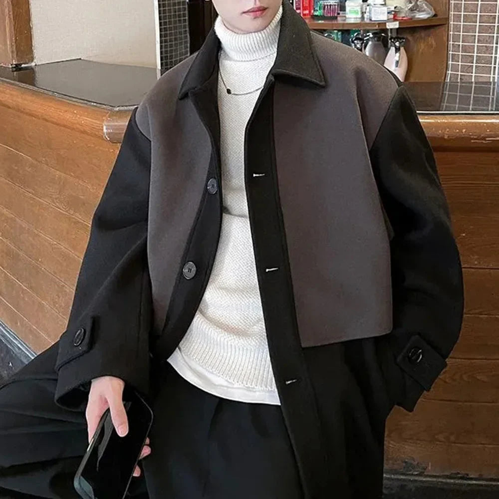 sanyamk Mens Trench Coat Contrast Business Casual Cape Coat Autumn Streetwear Fashion Korean Commuter Long Coat Men'S Clothing 2024