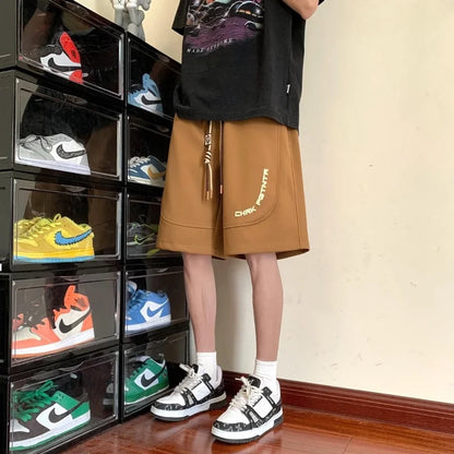 Bonsir Summer New Sports Loose American Vintage Fashion Casual All-match Solid Color Letter Printed Spliced Drawstring Shorts