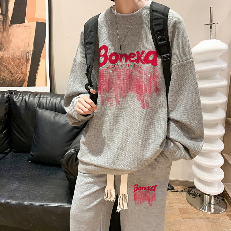 Bonsir Men's Graffiti Letter Printed Sweatshirt Sets Streetwear Oversized Casual Two Piece Tops Pants Suit Male 5XL Clothing