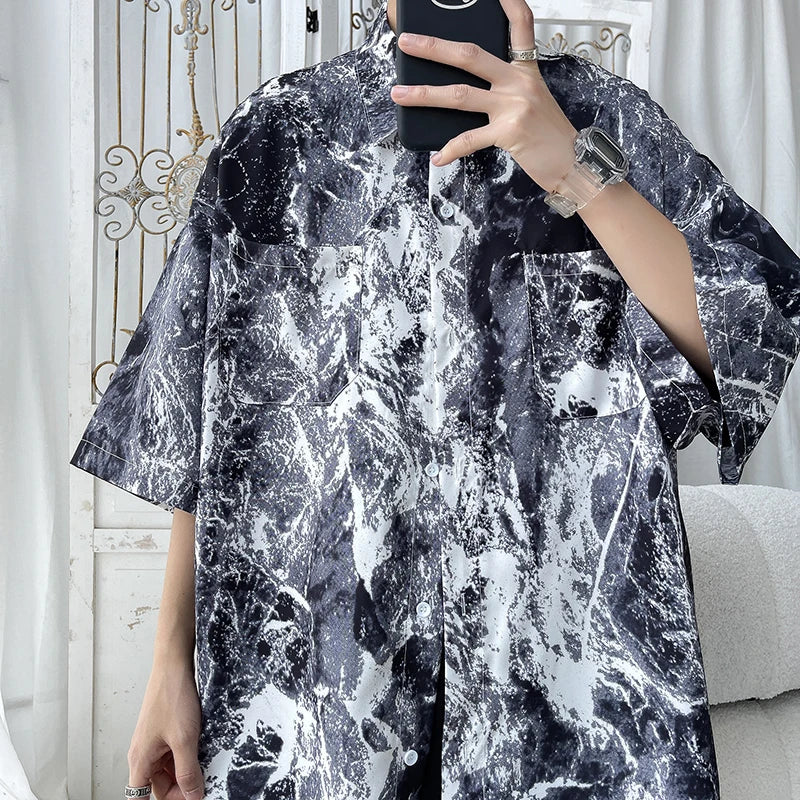 Bonsir Men Hip Hop Harajuku Shirt Painting Graffiti Color Streetwear Loose Short Sleeve Trend Fashion Beach Shirts Casual Button Tops