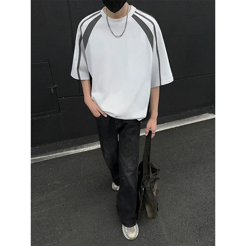 Bonsir Summer Cotton Short Sleeved T-shirt Men Oversized Casual Striped T Shirt Men Streetwear Korean Loose Round Neck T Shirt Mens Top