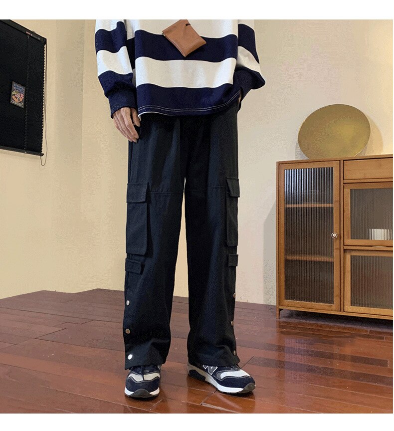 Bonsir Large Pocket Cargo Pants  Neutral Wide Leg Casual Trousers Loose Straight  Hip Hop  Men's Pants Harajuku Women's Trousers