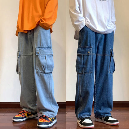 sanyamk Wide Leg Cargo Pants Autumn New Streetwear Baggy Hip Hop Jeans Big Pockets Men Korean Fashion Loose Straight Male Clothing Blue