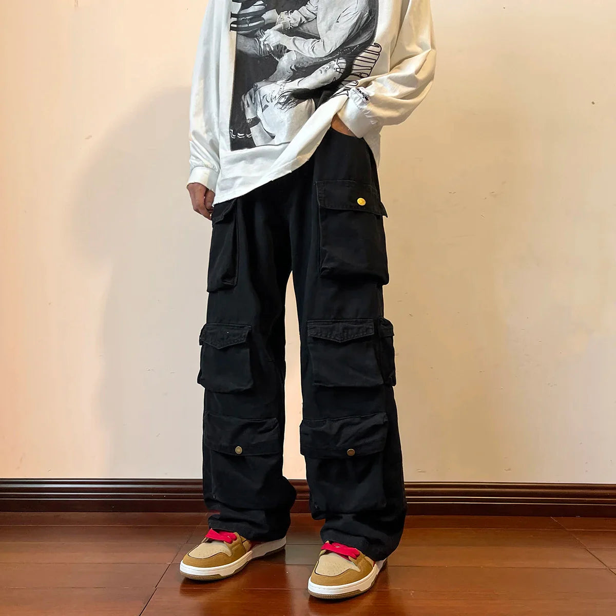 sanyamk Cargo Pants Multi-pockets Tooling Pant Harajuku Men's Vintage Loose Wide Leg Pants Streetwear Casual Hip-hop Mopping Trousers