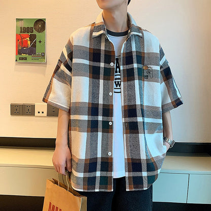 Bonsir New 100% Cotton Men Casual Plaid Shirt Short Sleeved Korean Style Fashion Striped Loose Harajuku Clothes Streetwear 2XL 3XL