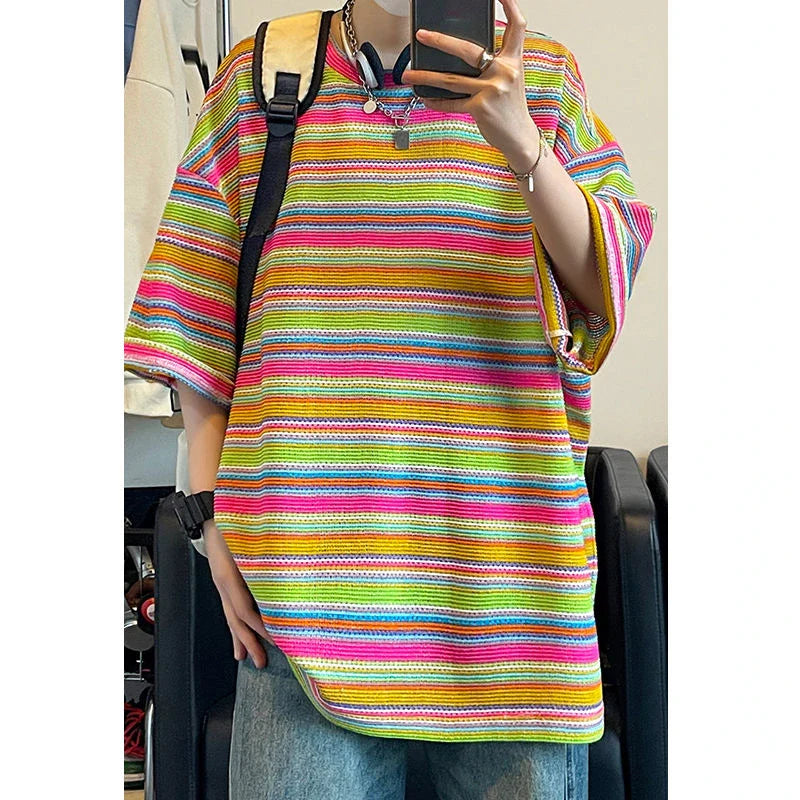 Bonsir American Men and Women Summer Personalized Waffle Stripe Rainbow Round Neck Short Sleeve Loose Hip Hop Casual T-shirt Top