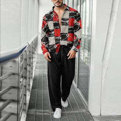 sanyamk New Fashion Pattern Printing Two Piece Sets Men Spring Fall Leisure Long Sleeve Shirts And Pants Suits Mens Casual Loose Outfits