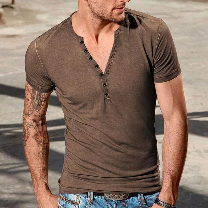 Bonsir Vintage Buttoned V Neck Pullover Tops Men Spring Summer Short Sleeve Casual Solid T Shirt Men's Clothing Leisure Simple Tee