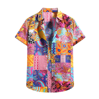 sanyamk Men's Shirts Vintage Ethnic Style Lattice Printing Summer Casual Streetwear Stand Collar Short Sleeve Loose Mens Hawaiian Shirt