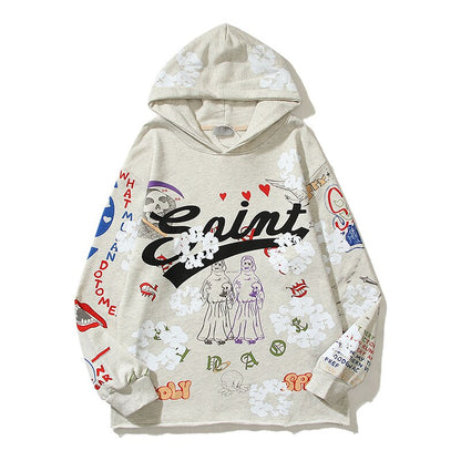 sanyamk Harajuku Retro Kapok Graffit Casual Hooded Hoodies Men and Women Streetwear Oversized Terry Sweatshirts Loose Hip Hop Hoody