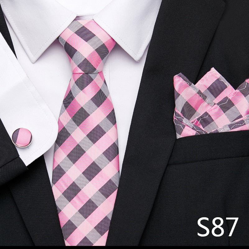 sanyamk Newest design Silk Festive Present Tie Handkerchief Cufflink Set Necktie Man's Plaid Yellow Shirt Accessories