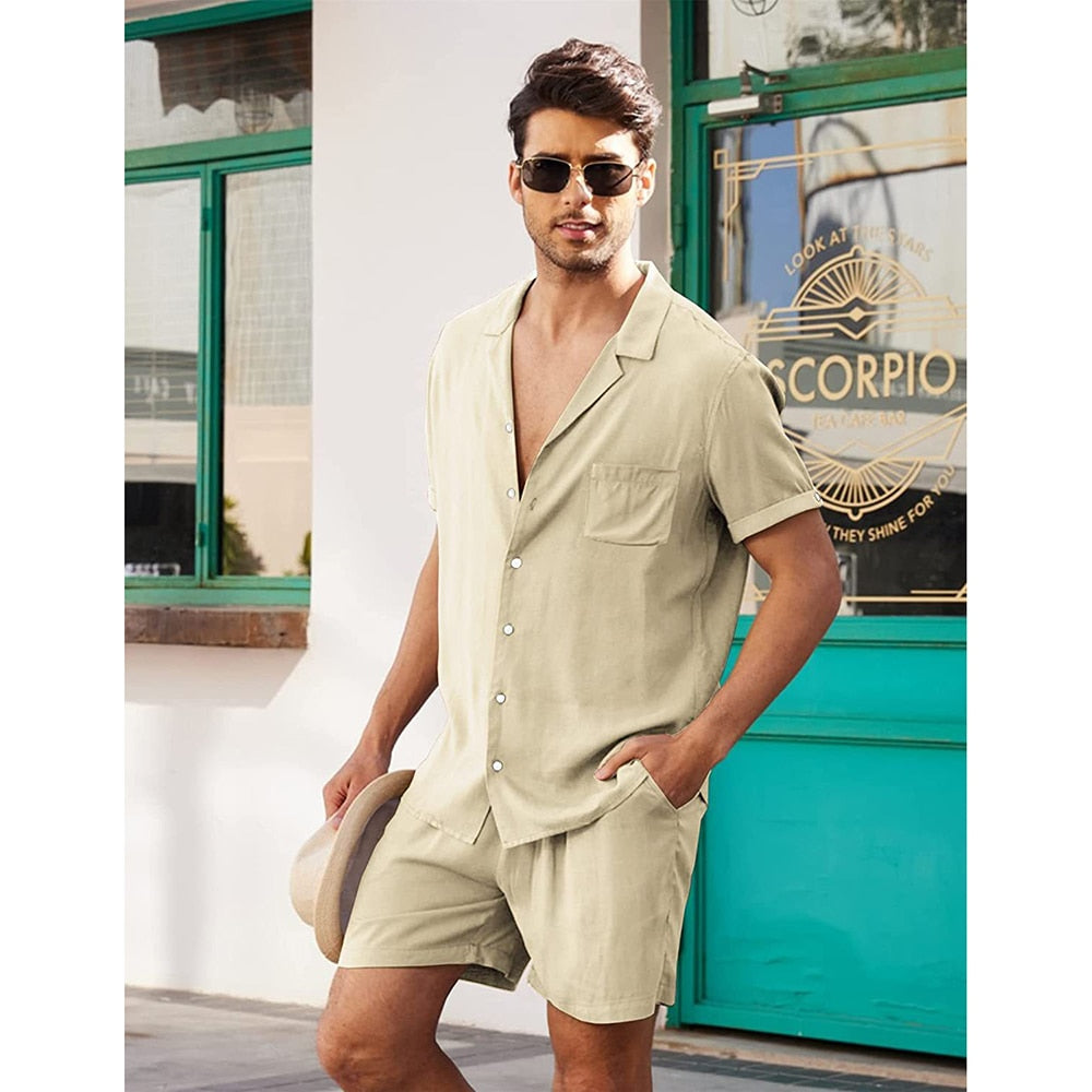 sanyamk Summer Cotton and Linen Men Suit Short Sleeve Shorts Solid High Quality 2 Piece Beach Outdoor Travel Casual Breathable  Blazer