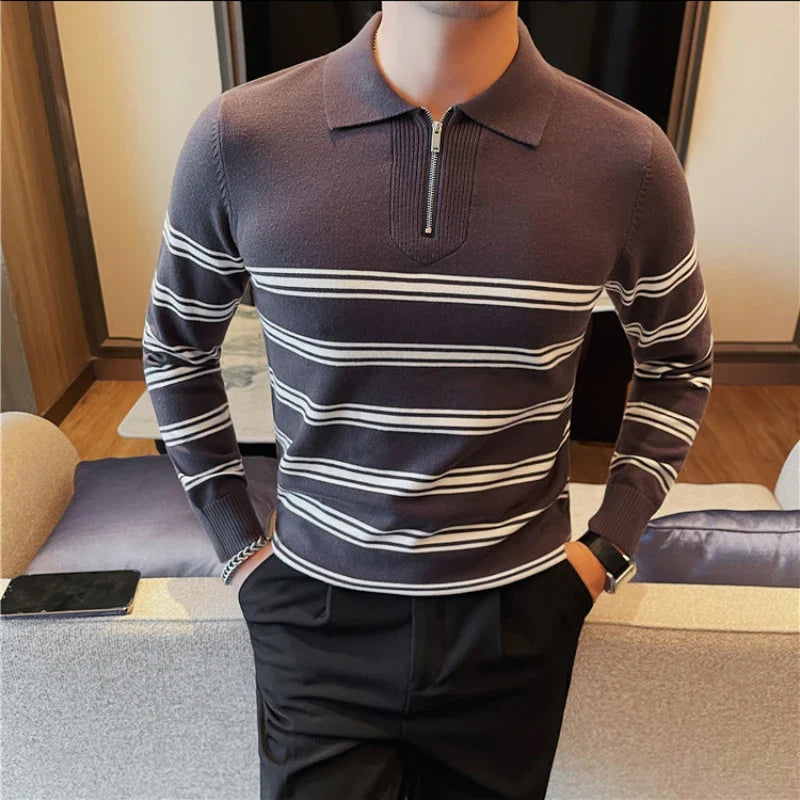 Bonsir Fall Men's Lapel Striped Color Long-sleeved Sweater Knit Men's Slim-fit Casual Pullover Half Zip Collar Men's Sweater Streetwear