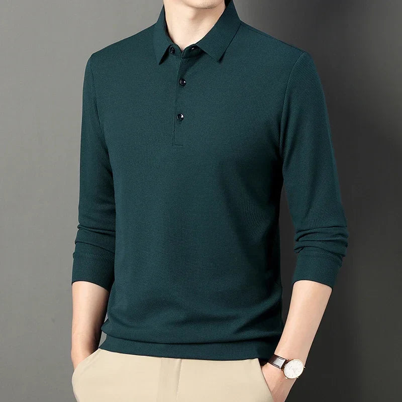 sanyamk 2024 Spring Autumn Waffle Men's Long-sleeved Polo Shirt Business Casual Slim Top Classic Solid Color Male Brand Tees