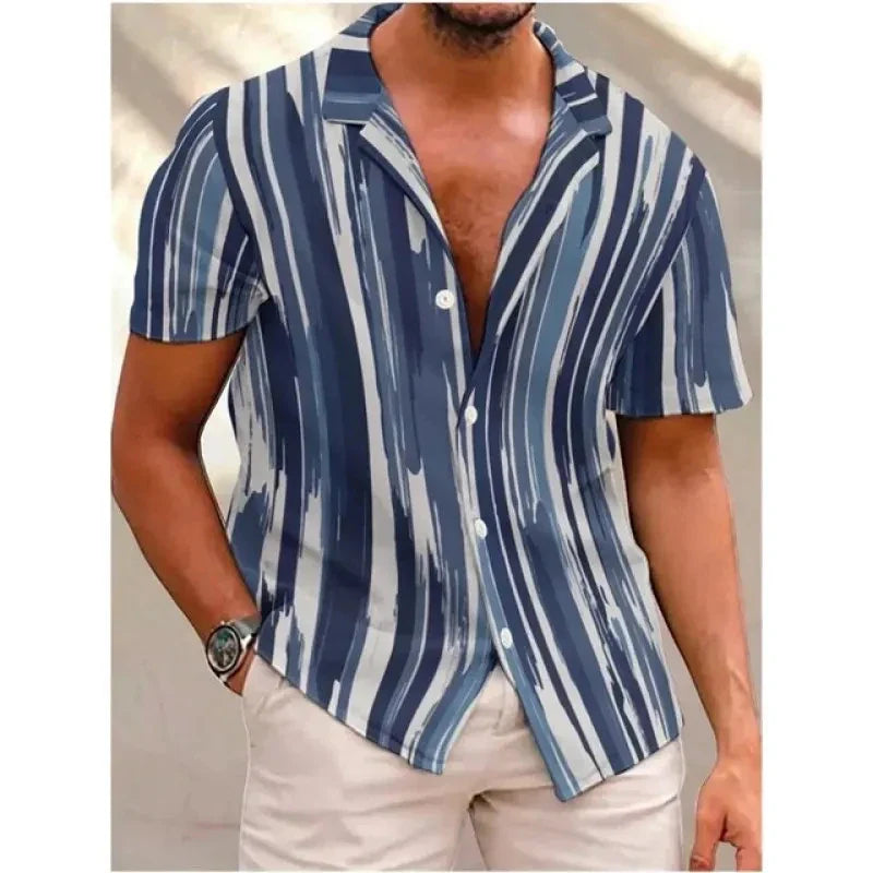 sanyamk Fashion Shirt Striped Print Summer Business Casual Short-Sleeved Tees Tops Mens Blouse Hawaiian Shirts Oversized Men's Clothing