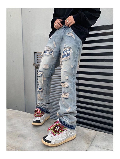 sanyamk High Street Hole Ripped Vintage Men Hip Hop Baggy Jeans Trousers Punk Distressed Retro Washed Straight Denim Pants Pantalon