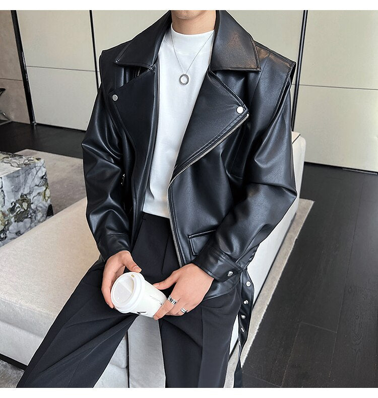 Bonsir men's wide shoulder motorcycle leather jacket male streetwear fashion rock punk loose causal leather coat outerwear