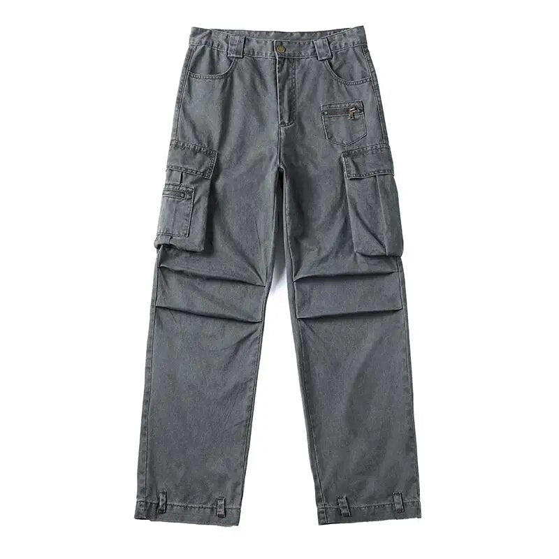 Bonsir High street gray multi-pocket retro overalls heavy industry couple wide-leg pants spring and autumn trendy brand loose trousers