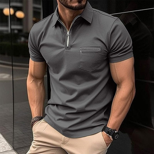 sanyamk Casual Slim Short Sleeve Lapel T-shirts Men Fashion Zipper Design Polo Shirt Summer Leisure Pure Color Slim Tops Mens Shirt