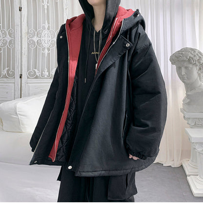 Bonsir Winter Jacket Men Warm Fashion Casual Thicke Hooded Jackets Men Streetwear Loose Short Coat Mens Fake Two Pieces Coat M-2XL