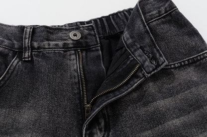 sanyamk Distressed Embroidery Pockets Elastic Waist Retro Jeans Pants Men and Women Straight Washed Casual Baggy Denim Trousers