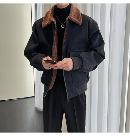 sanyamk Winter Men Lamb Fur Inner Fashion Loose Casual Vintage Short Cargo Jacket Male Japan Korean Streetwear Coat Outerwear