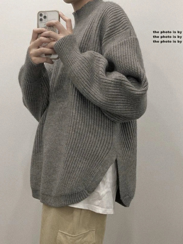 sanyamk Autumn Winter Pullover Korean Grunge Loose Split O-neck Sweater Men's Hong Kong Style Solid Color Bf Bottoming Jumper